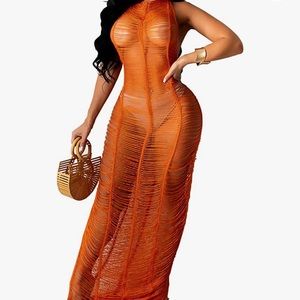 Halter Sleeveless See Through Crochet Maxi Dress Backless Swimsuit Cover Up